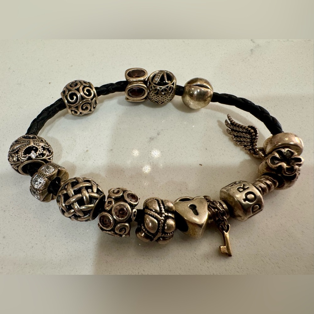 Pandora Silver Charm Bracelet with Black Cord